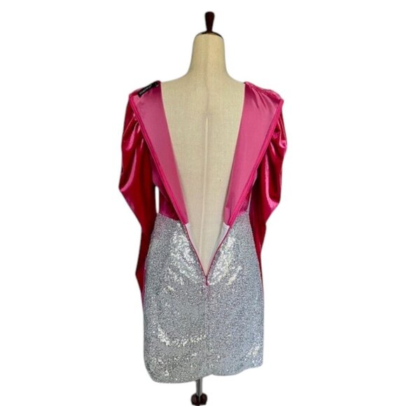 Double Crazy Dress Pink Magenta Puff Long Sleeve Sequin Fringe V Neck Large NWOT - Picture 11 of 14